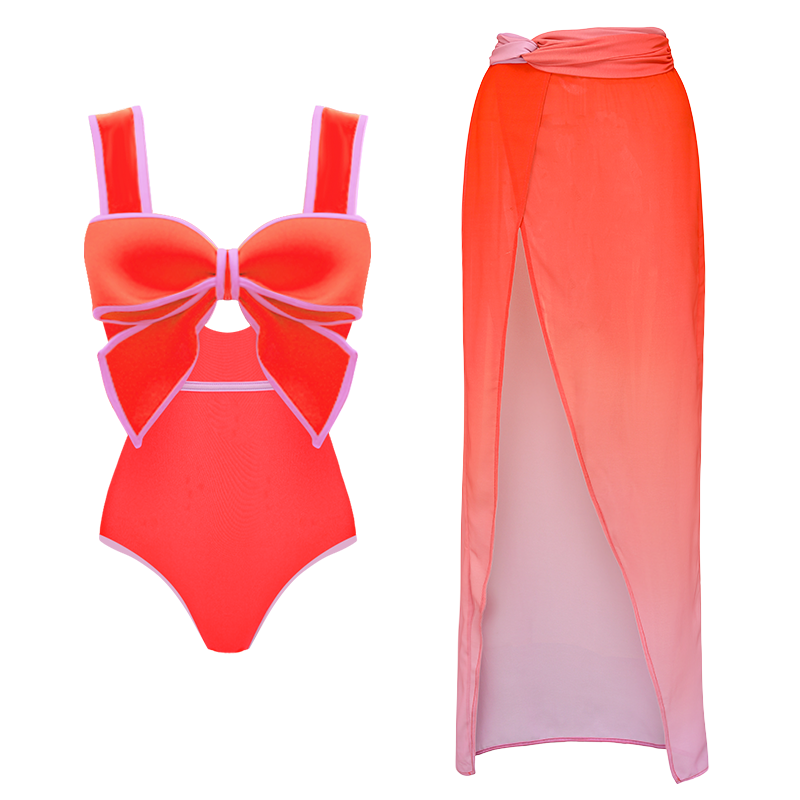 Bow Front Cut Out Color Block One Piece Swimsuit and Skirt