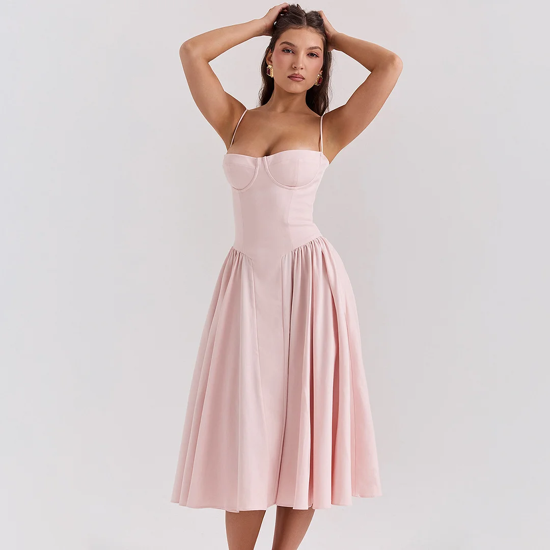 Colourp Elegant Dress for Summer Pink Spaghetti Strap Midi Dress with Pocket Long Party Dresses Holiday Women Clothing