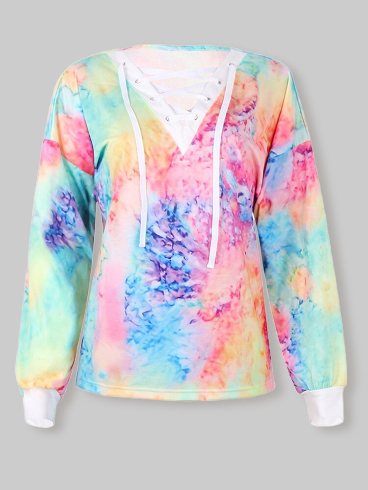 Colorful Tie dyed Knotted V neck Long Sleeve Casual T shirt for Women P1800719