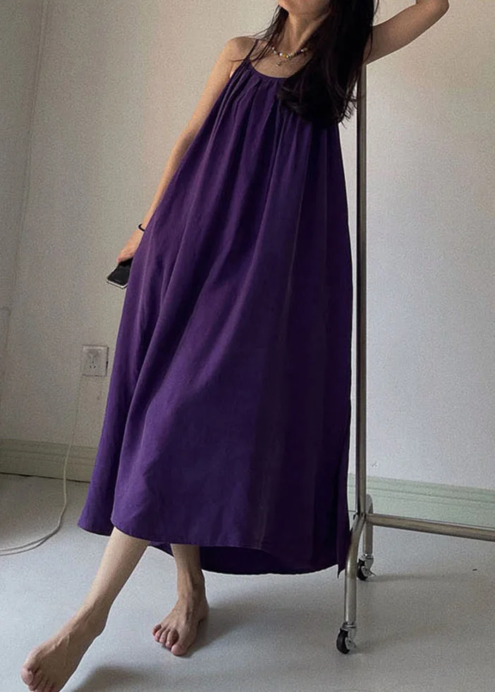 New Purple O Neck High Waist Cotton Spaghetti Strap Dress Sleeveless
