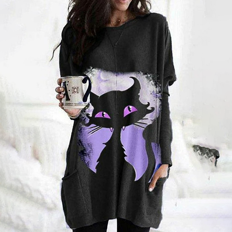 Cat Print Crew Neck Casual Tunic