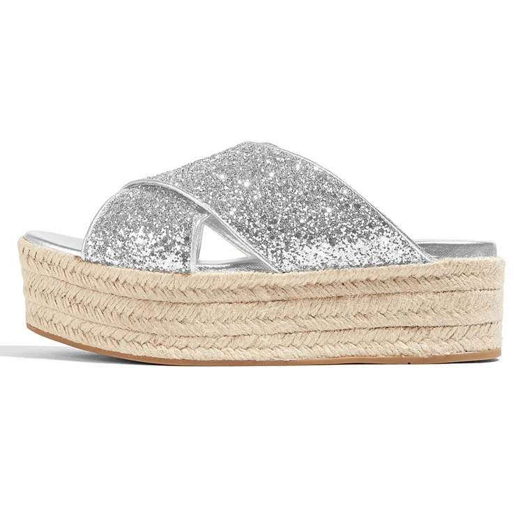 Sliver Glitter Espadrille Sandals Comfortable Women's Slide Sandals |FSJ Shoes