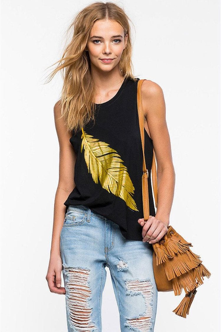 Black Leafy Print Tank Top - BlackFridayBuys