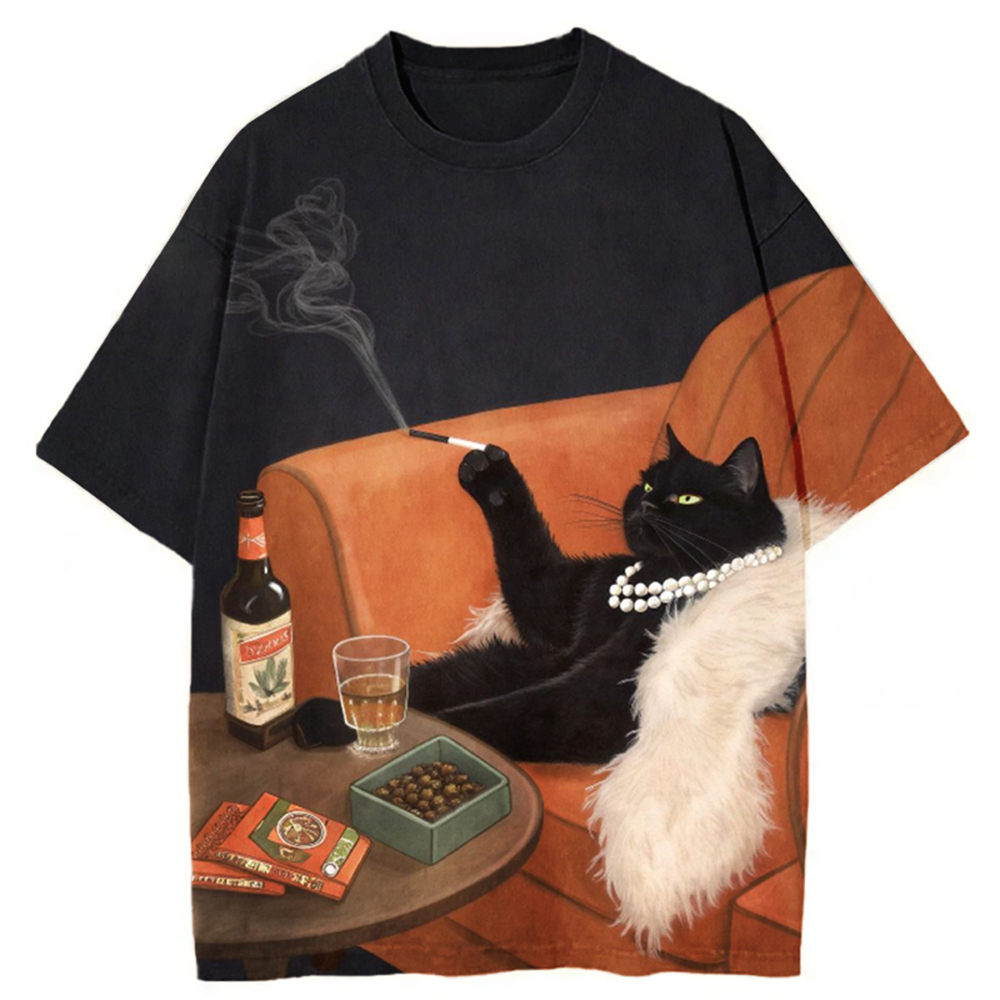 cat smoking cigarette shirt Black Cat Smoking With Pearls Washed Unisex T-Shirt
