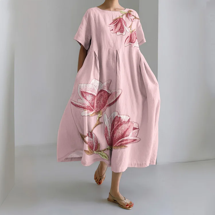 Comstylish Fashion Blossom Print Crew Neck Linen Blend Dress