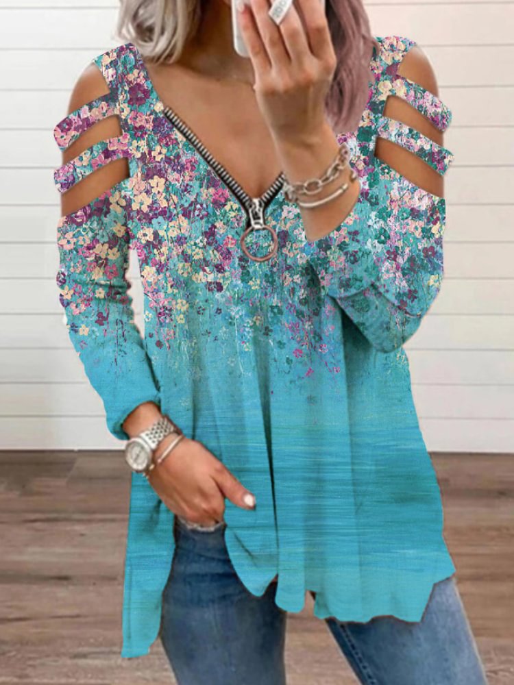 Floral Hollow Shoulder Zipper V Neck T Shirt