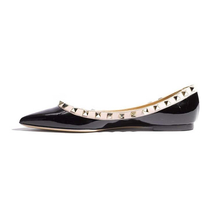 Women's Black Rivet Patent Leather Pointed Toe Comfortable Flats |FSJ Shoes