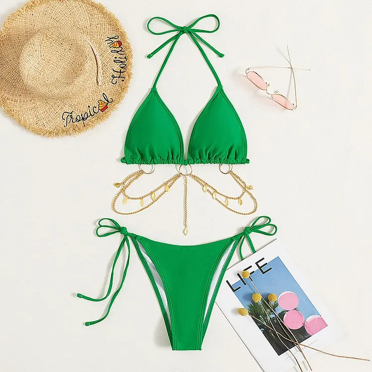 2022 Sexy Chain Bikini Triangle Bag Halter Swimsuit Women 2 Piece