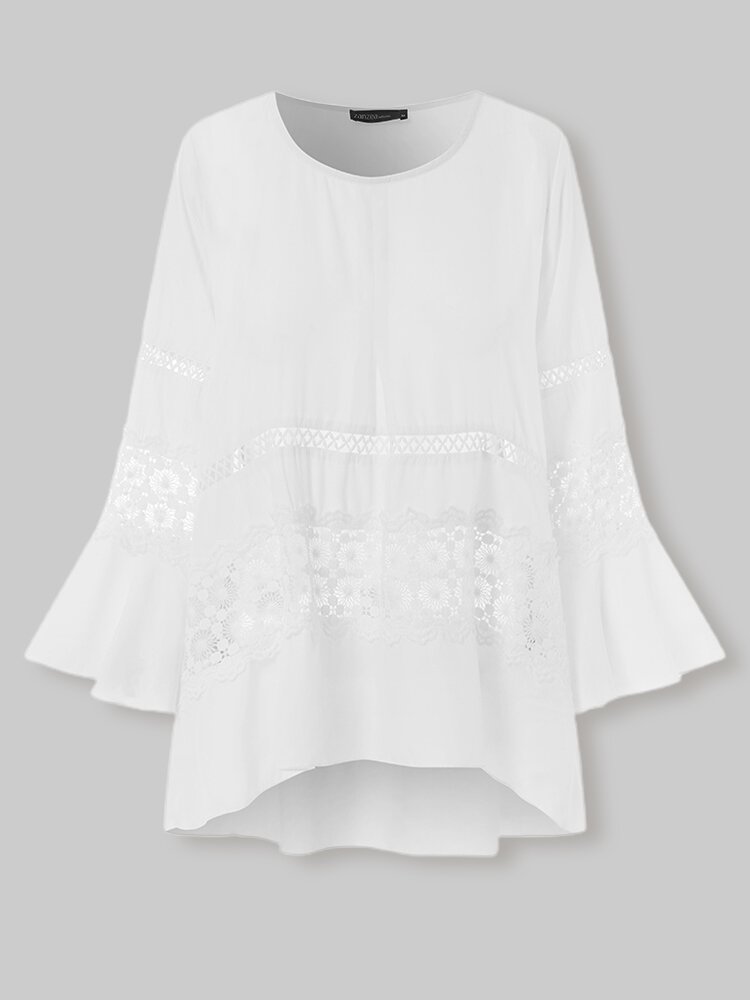Women Solid Color Lace Patchwork Hollow O neck Casual Blouse P1801498