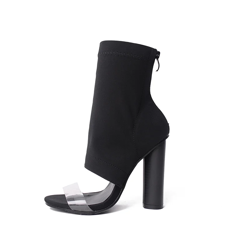 Black Sock Booties Transparent Band Open Toe High Heel Ankle Boots |FSJ Shoes
