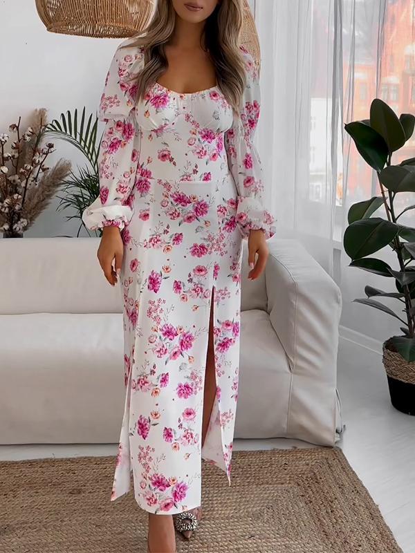 Casual Square Neck Slit Printed Dress