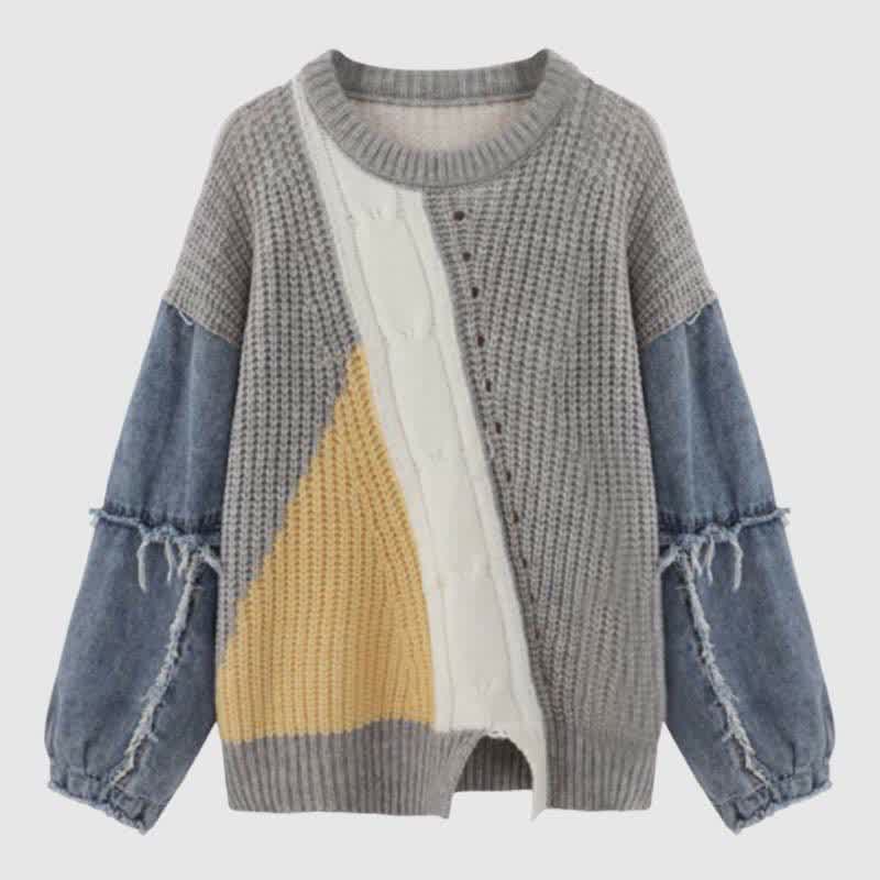 Denim Sleeve Colorblock Loose Round Collar Sweater