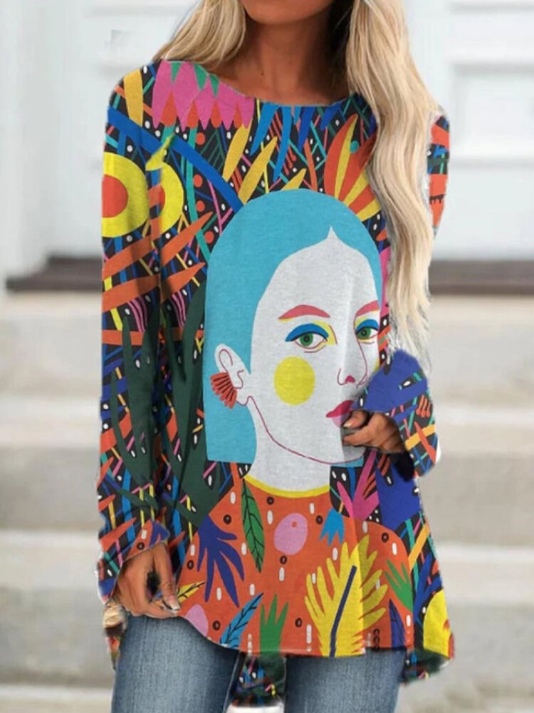 Multi color Cartoon Print Long Sleeve O neck Blouse For Women P1738592