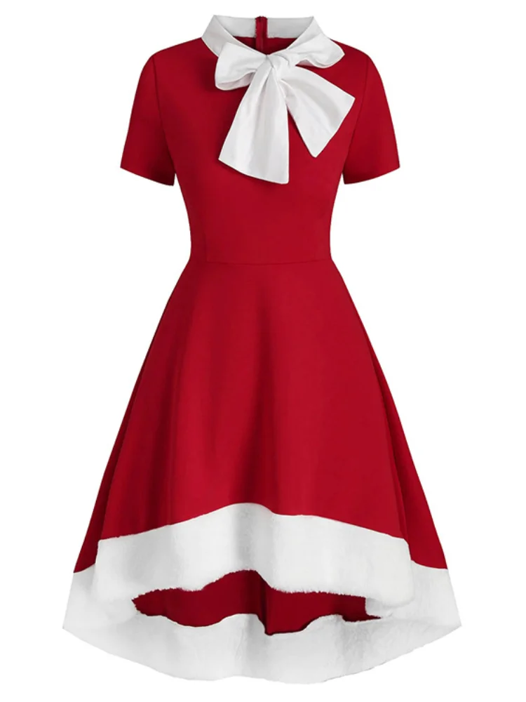 Contrast Stand Collar Bow Short Sleeve Midi Dress