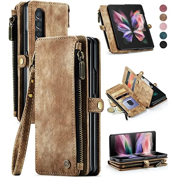 Durable PU Leather Magnetic Wallet Flip Lanyard Strap Wristlet Zipper Card Holder Phone Case for Galaxy Z Fold 3 5G