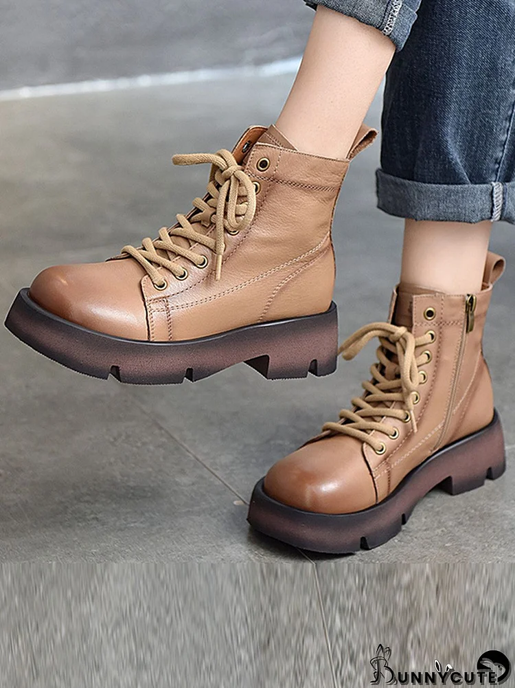 Cow Leather Lace-Up Zipper Martin Booties
