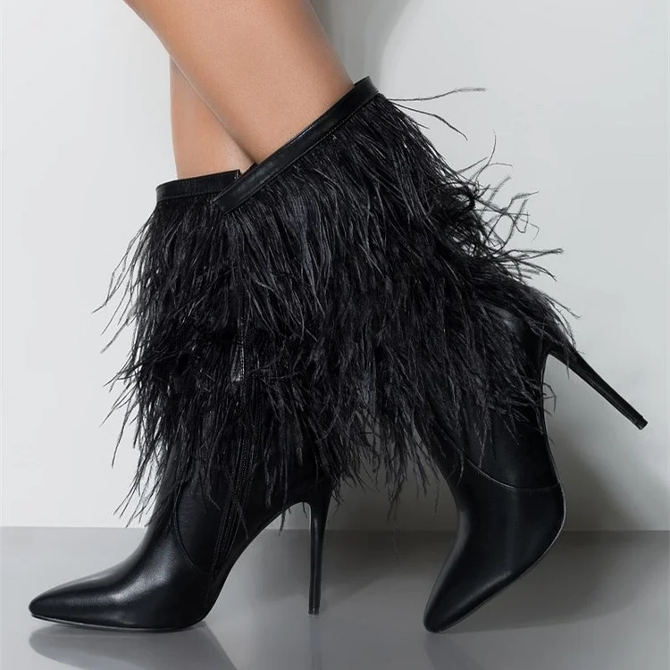 Black Fur Boots Pointy Toe Stiletto Heels Feather Ankle Boots |FSJ Shoes