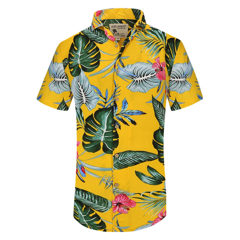 Hawaiian Casual Beach Shirt Yellow Leaf