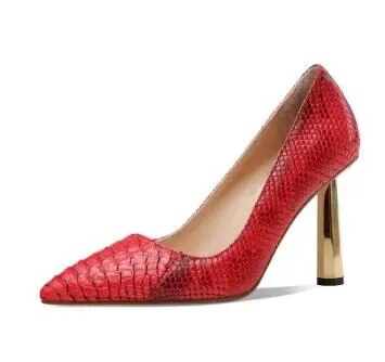 VCSHOES Woman White Blue Red 3D Embossed Snake Pattern Night Club High Heels Shoes Pointed Toe Shallow 9 Cm Metal Heels Pumps