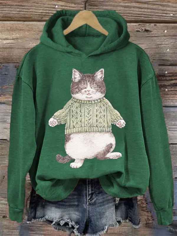 Women's Casual Knitted Sweater Cat Graphic Print Hooded Sweatshirt