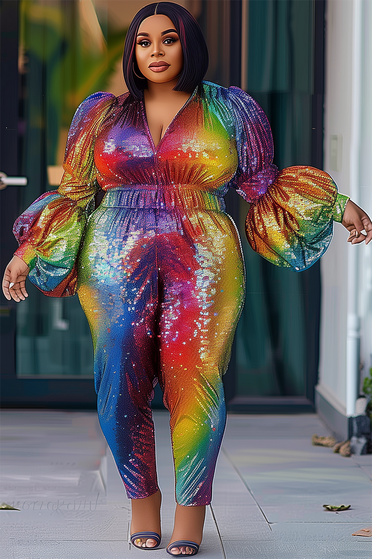 Xpluswear Design Plus Size Party Rainbow Colorblock V Neck Long Sleeve Glitter Jumpsuits [Pre-Order]
