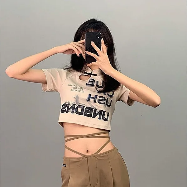 Ueong Summer Letter Print Casual Short Sleeve Crop Top T-Shirts Women Retro Vintage Streetwear Tee Female Slim Basic Y2k Tops