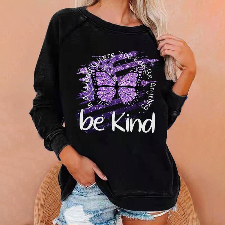 VChics Be Kind Butterfly Print Round Neck Long Sleeve Sweatshirt