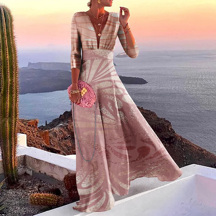 Vefave V-Neck Silver Bronzing Print Maxi Dress