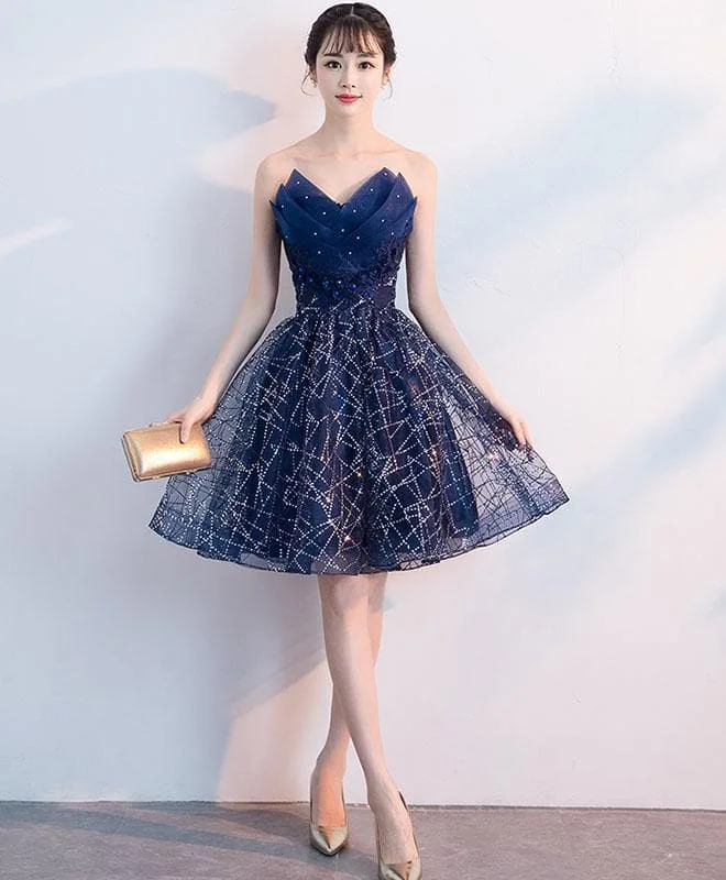 Dark Blue V Neck Tulle Sequin Short Prom Dress, Blue Homecoming Dress