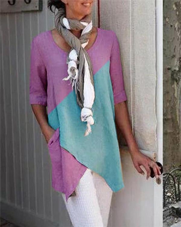 Color Patched Women Fall New Casual Lady Daily Shift Tops
