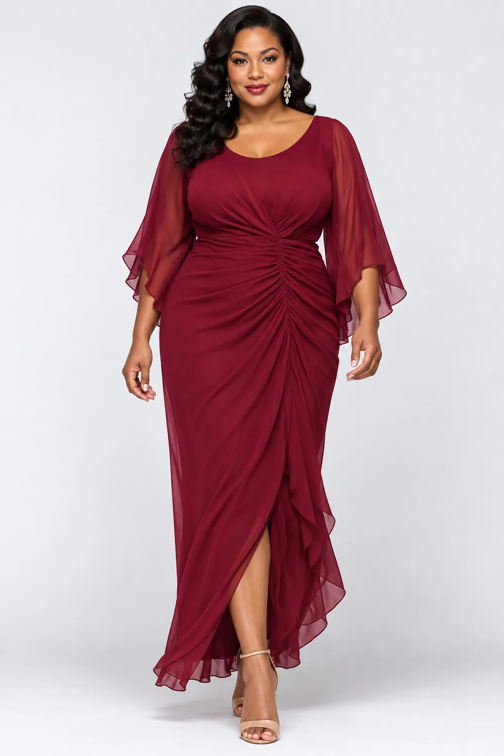 burgundy plus size wedding guest dress Xpluswear Design Flare Half Sleeve Fold Chiffon Maxi Dresses [Pre-Order] The flattering silhouette and misamthced Pippa Middleton's bridesmaids dress Women's size:XS-L