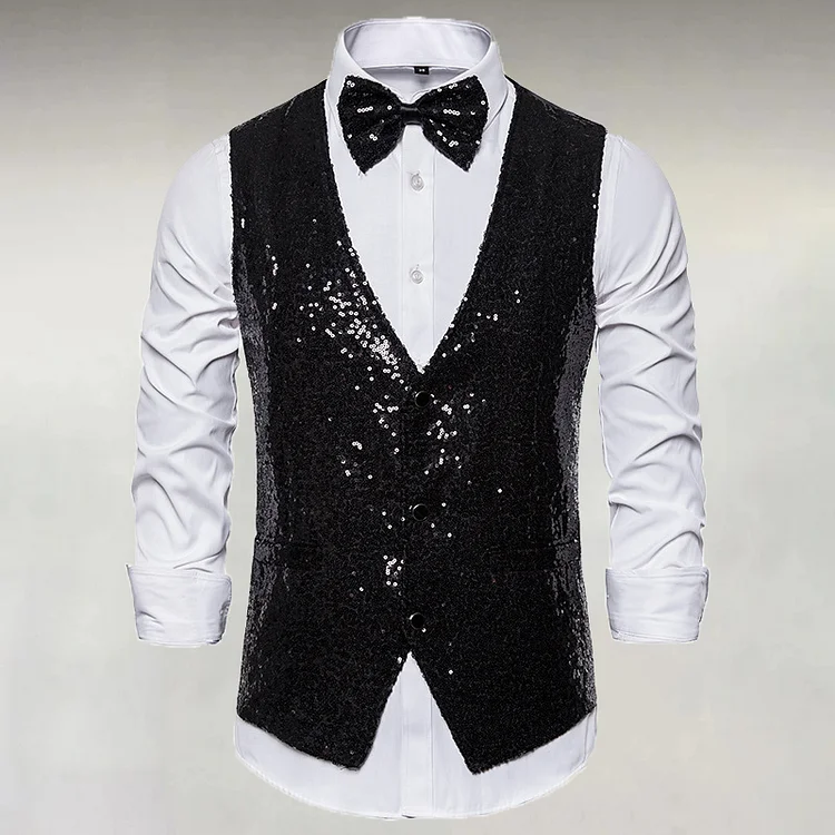 Men‘s Party Sequin V Neck Sleeveless Button Vest