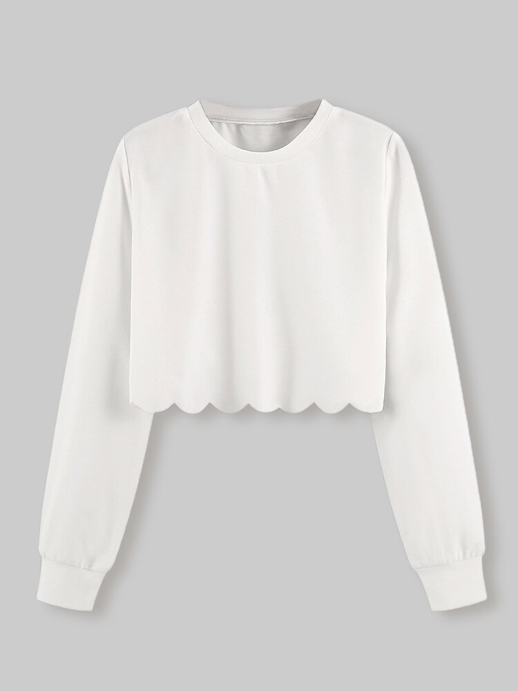 Solid Color Scallop trim Long Sleeve Casual Crop Top T shirt for Women P1790577