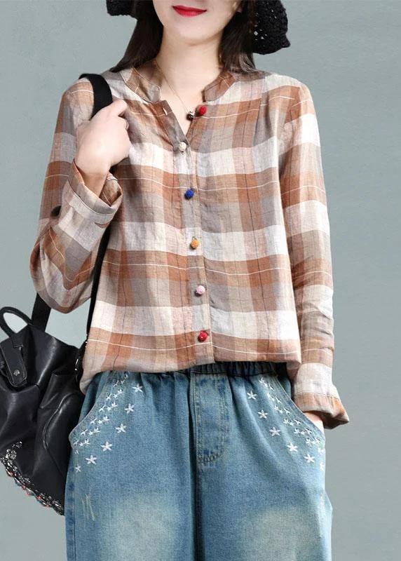 Khaki Plaid Patchwork Summer Linen Top Long Sleeve
