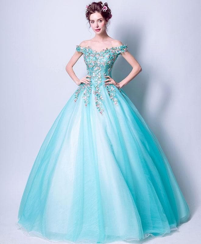 Green Tulle Lace Off Shoulder Long Prom Dress, Green Evening Dress