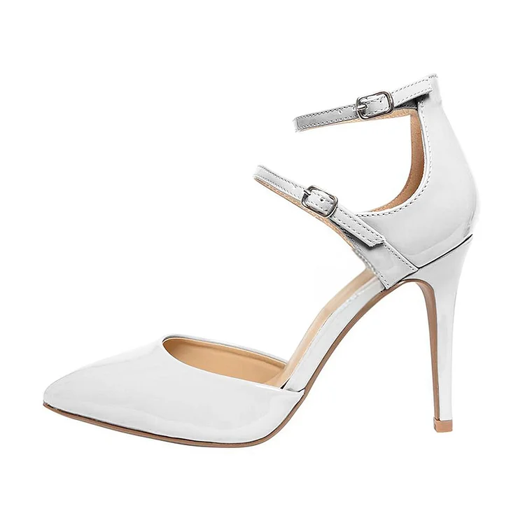 White Pointed Toe Ankle Strap Heels - Elegant Pumps Vdcoo
