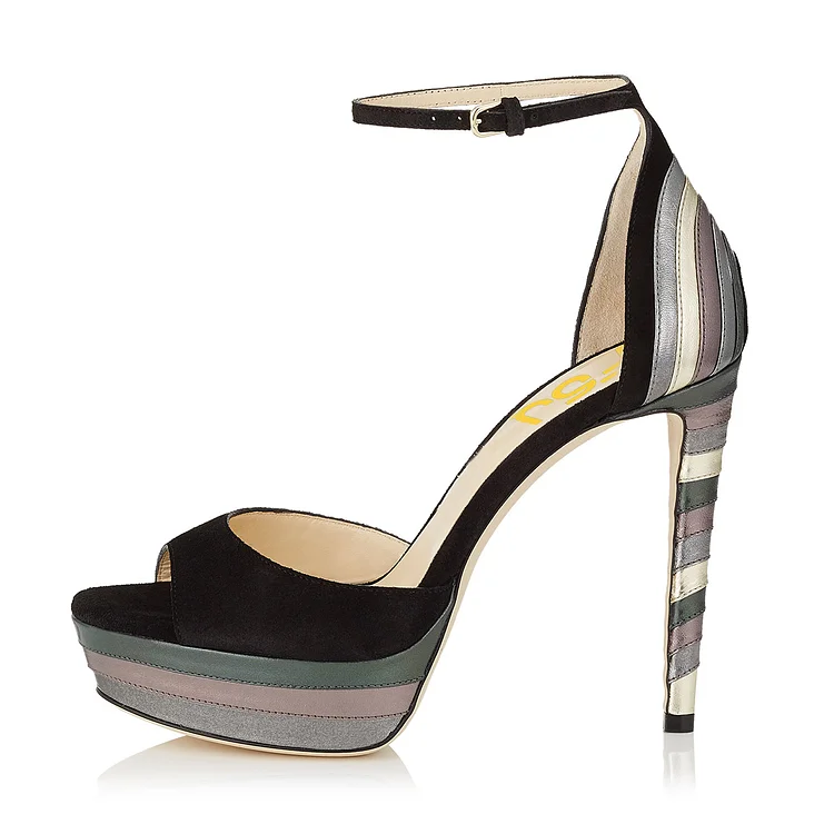 Women's Black Colorful Stiletto Heels Ankle Strap Sandals |FSJ Shoes