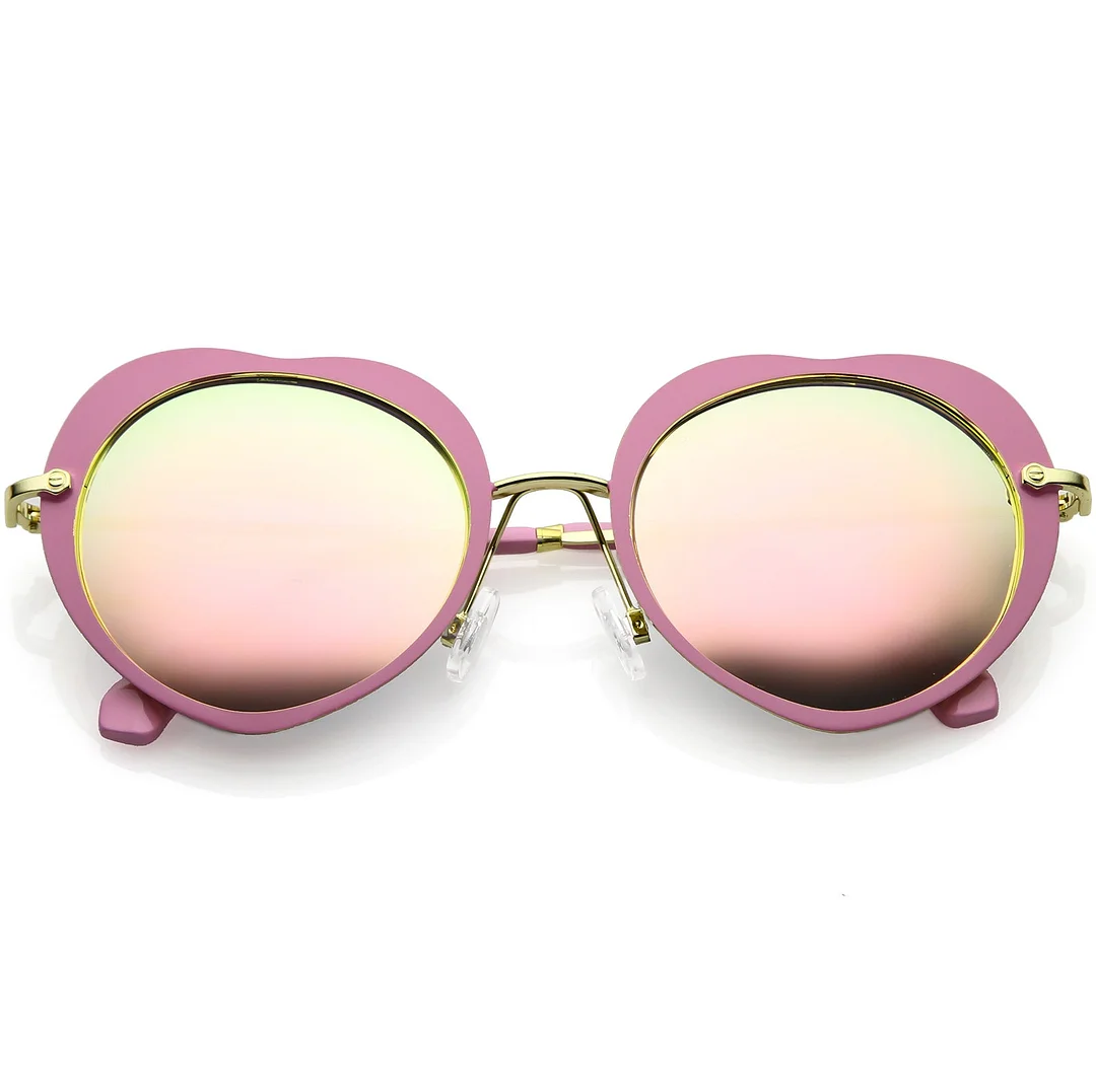 Women's Unique Heart glasses Thin Metal Arms Round Color Mirrored Lens 54mm