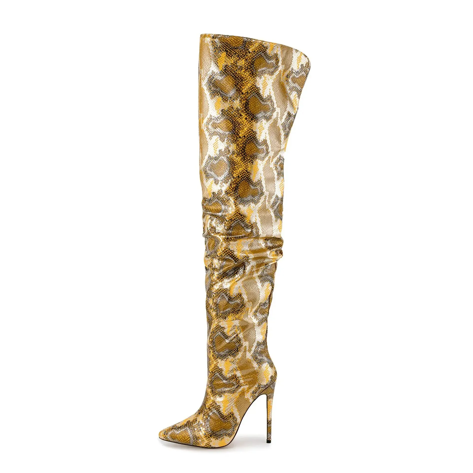 VCSHOES Yellow Green Snakeskin Over The Knee Boots Women High Heel Long Boots Pointed Toe Python Leather Thigh High Boots 44