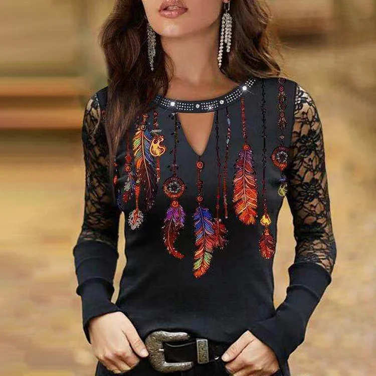 Western Print Lace Long Sleeve T-Shirt