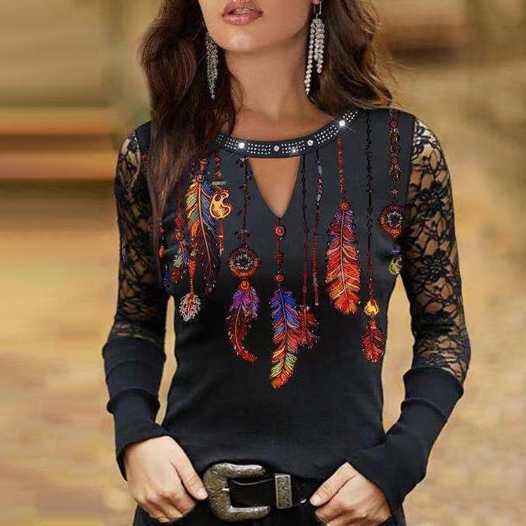 Western Print Lace Long Sleeve T-Shirt