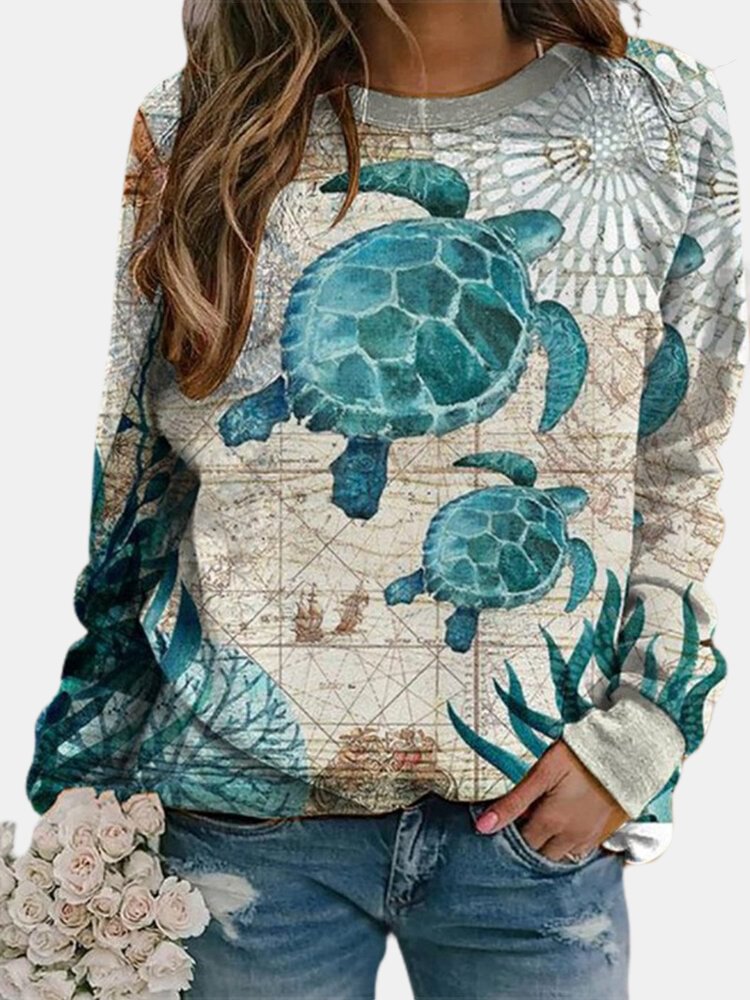 Animal Cartoon Print O neck Long Sleeve Casual T Shirt For Women P1749336