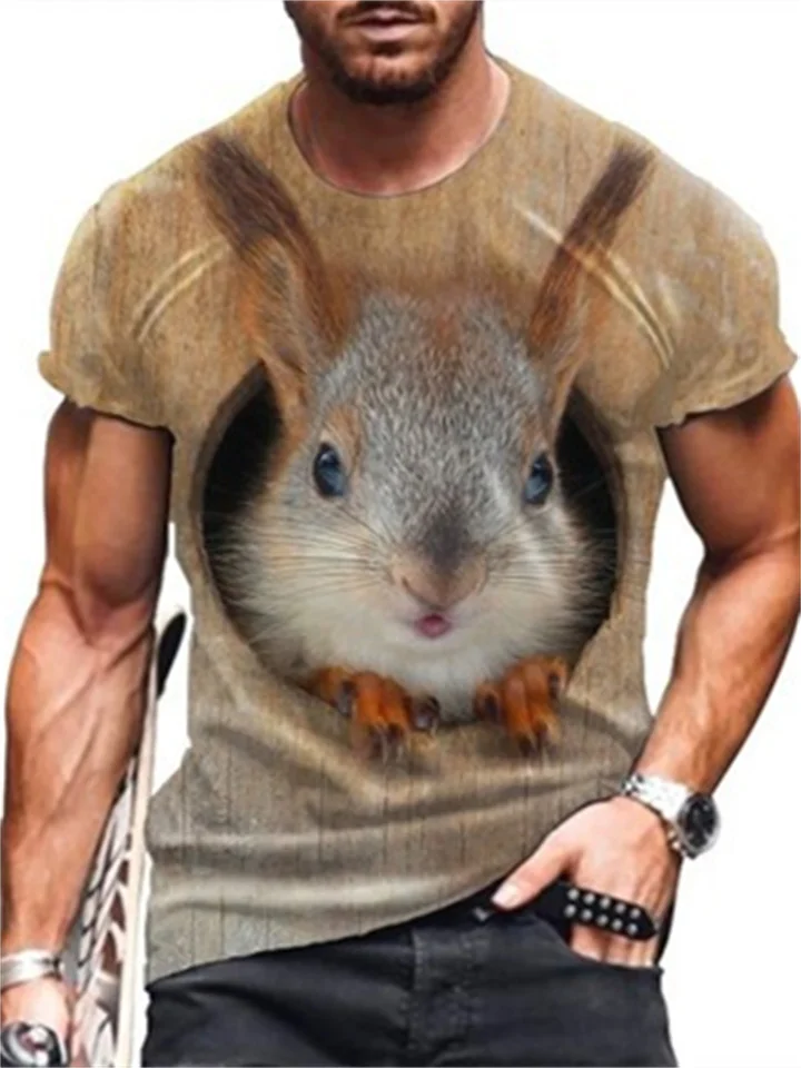 3D Cartoon Printed Summer Short Sleeve Men's Squirrel Printed Short Sleeve T-Shirt Round Neck T-Shirt