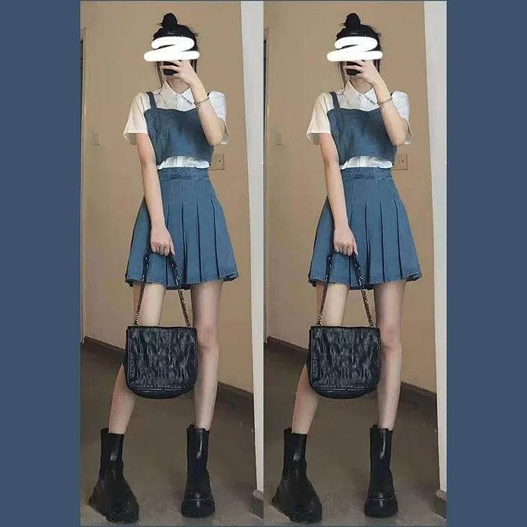 Cute Summer 3 Piece set White Blouse Blue Top Skirt SP16234