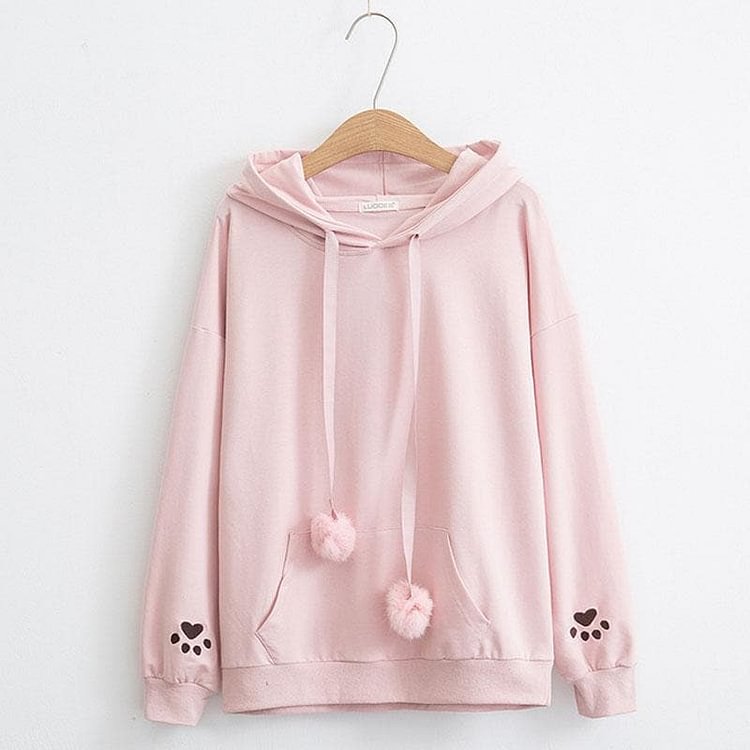 Cat's paw Embroidery On Sleeve Cute Hoodies Sweatshirts S12970