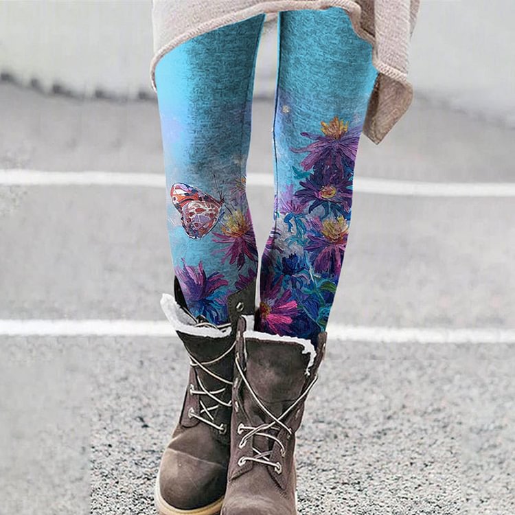 VChics Skinny Retro Oil Painting Butterfly Print Leggings
