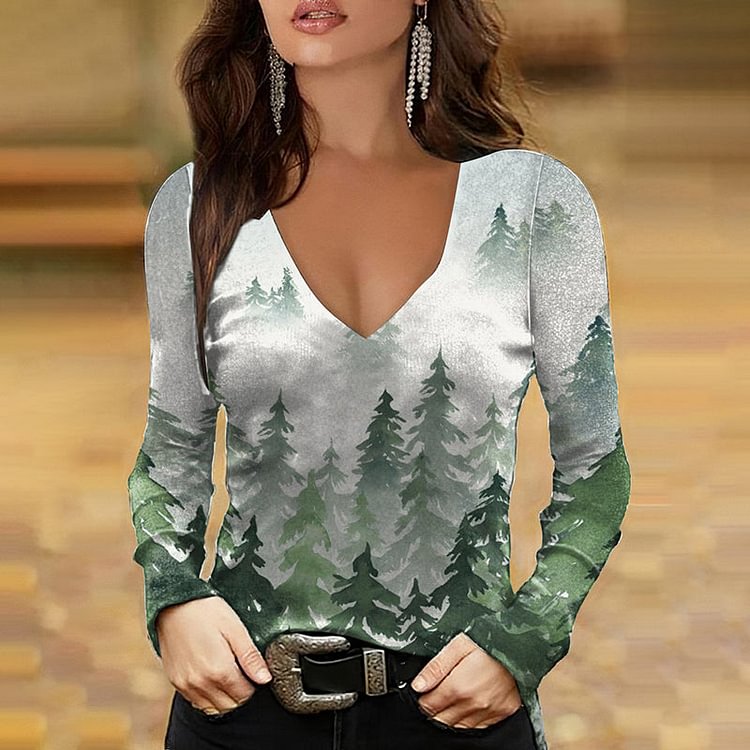 VChics Vintage Long Sleeve Forest Print T-Shirt