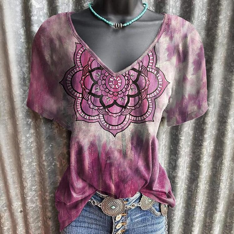Ship in 24 hoursLadies V-neck Mandala Floral Graphic Tees