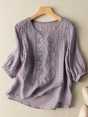 Embroidered Round Neck Half Sleeve Casual Linen Tee Top
