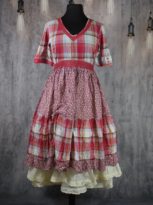 Cotton Linen Plaid Print Stitching Retro Dress